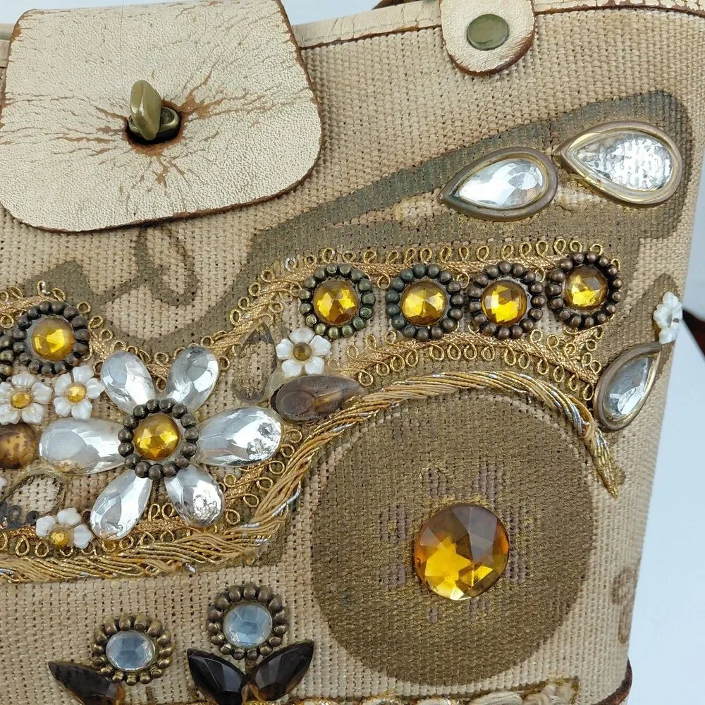 Enid Collins of Texas Model T Canvas Tote Purse Jeweled Wood Bottom 1960s HTF